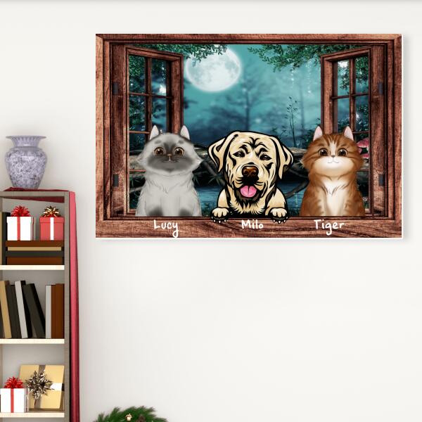 Chats et chiens sur la fenêtre - Toile - Arrière-plan, noms, chats et chiens personnalisables, de 1 jusqu'à 6 animaux
