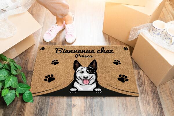 Bienvenue chez - Paillasson personnalisé - Texte, chiens, chats et noms personnalisables, Jusqu'à 3 animaux
