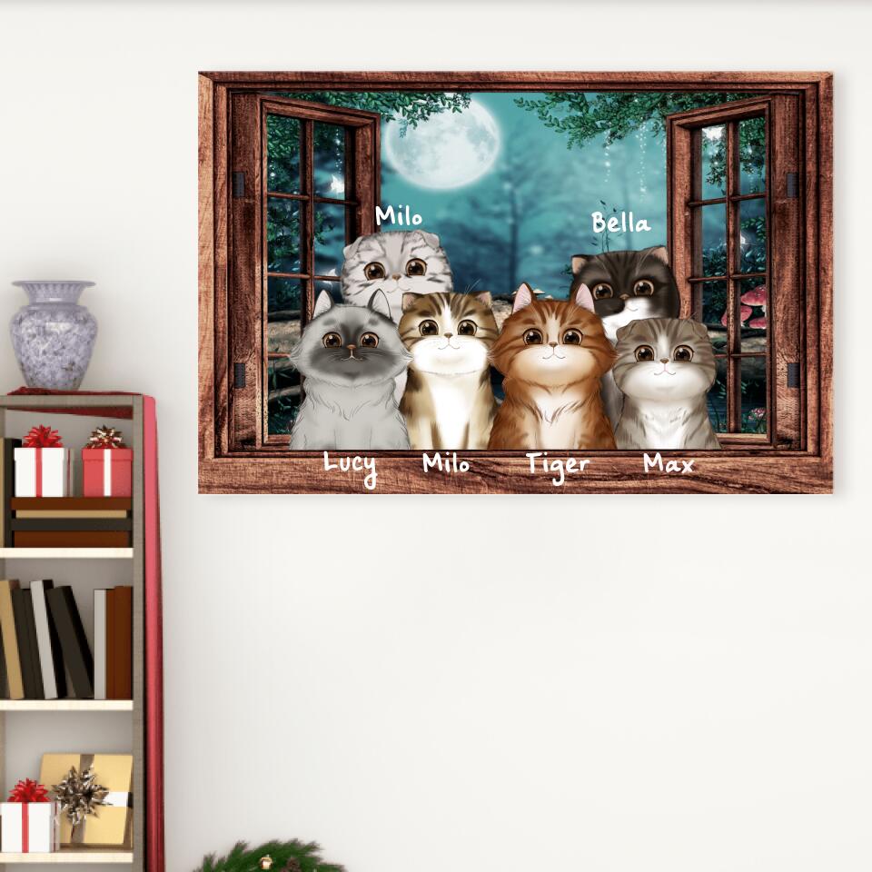 Chats sur la fenêtre - Toile - Arrière-plan, noms et chats personnalisables de 1 jusqu'à 6 chats