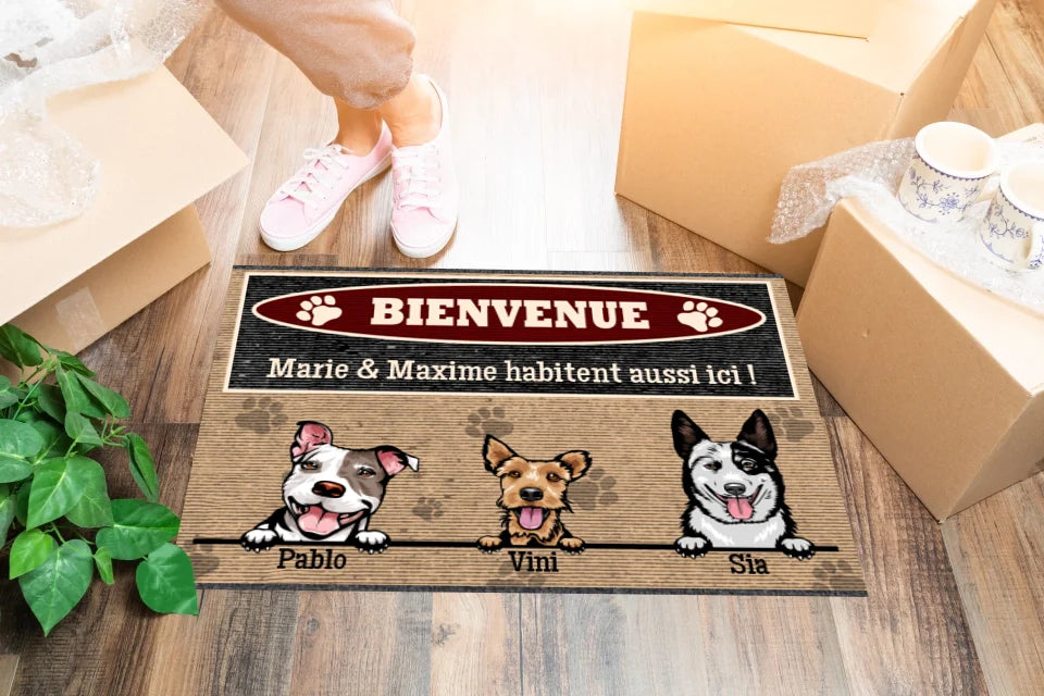 Bienvenue - Paillasson personnalisé - Textes, Chiens, chats et noms personnalisables, Jusqu'à 3 animaux