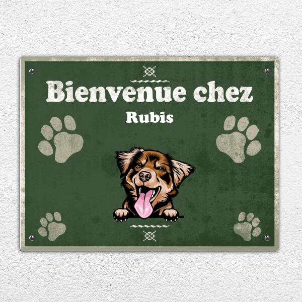 Plaque de porte - Bienvenue chez - Couleur, Chats, chiens et noms personnalisables
