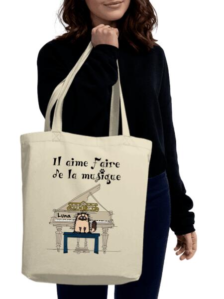 Il aime faire de la musique - Tote Bag personnalisé - Jusqu'à 4 Chats