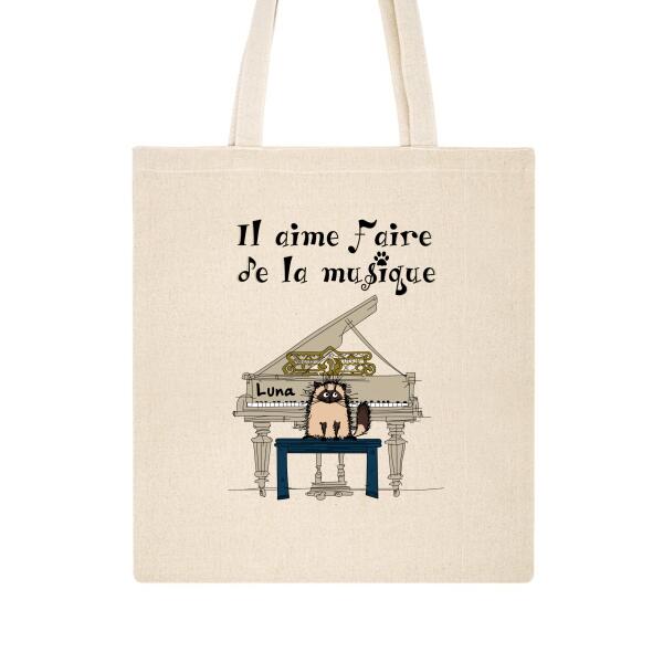 Il aime faire de la musique - Tote Bag personnalisé - Jusqu'à 4 Chats