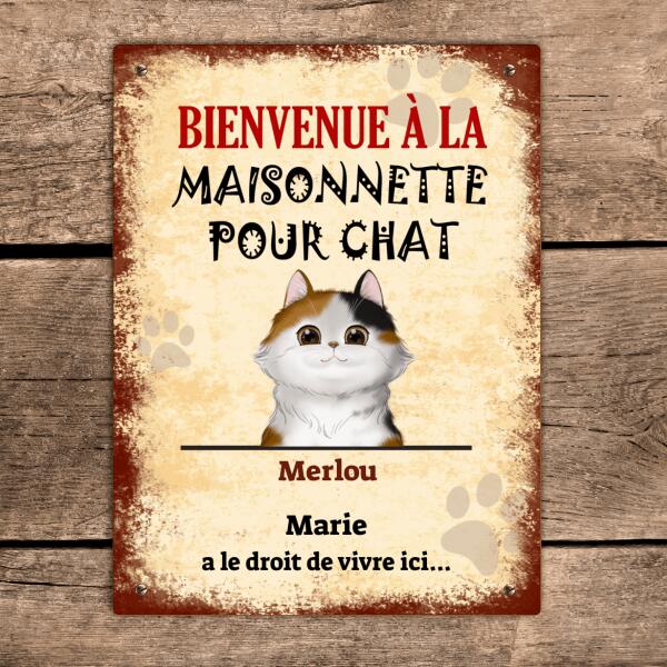 Plaque de porte - Bienvenue à la maisonnette pour chat - Chat et Noms Personnalisables