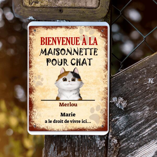 Plaque de porte - Bienvenue à la maisonnette pour chat - Chat et Noms Personnalisables