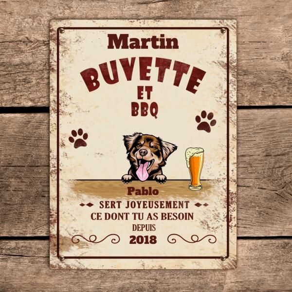 Plaque d'accueil - Buvette et BBQ sert joyeusement ce dont tu as besoin - Jusqu'à 3 animaux - Nom de famille, Chats, Chiens et Année Personnalisables