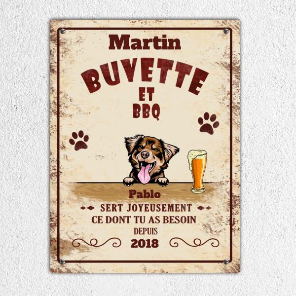 Plaque d'accueil - Buvette et BBQ sert joyeusement ce dont tu as besoin - Jusqu'à 3 animaux - Nom de famille, Chats, Chiens et Année Personnalisables