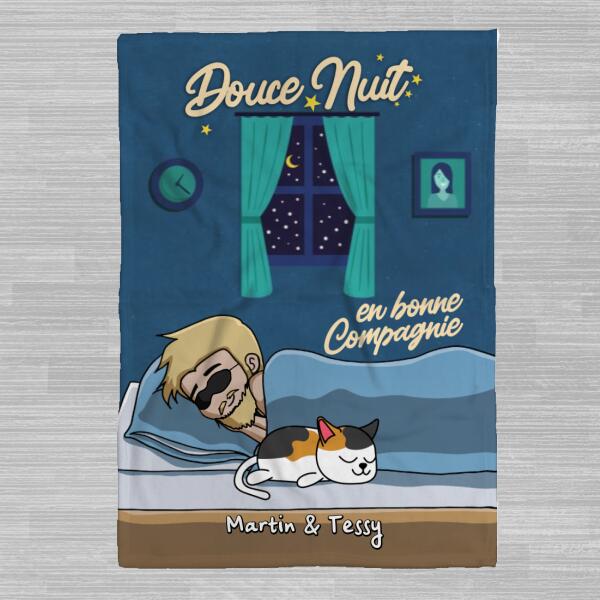 Couverture Polaire - (Femme ou Homme) Douce nuit en bonne compagnie - Chiens et Chats personnalisés