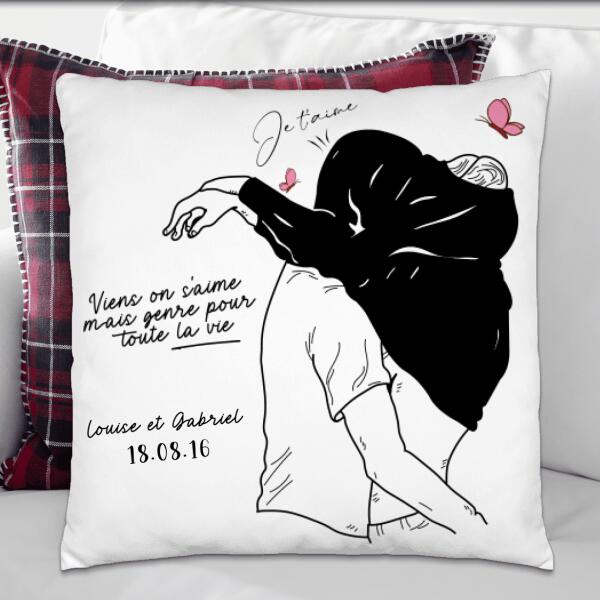 Viens on s'aime mais genre pour toute la vie.. - Coussin Décoratif - Prénoms et Date Personnalisables