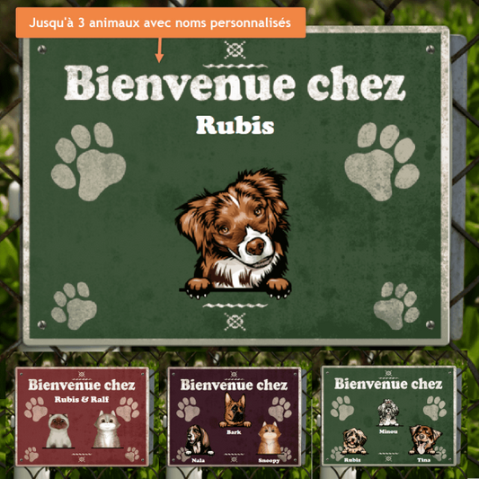 Plaque de porte - Bienvenue chez - Couleur, Chats, chiens et noms personnalisables