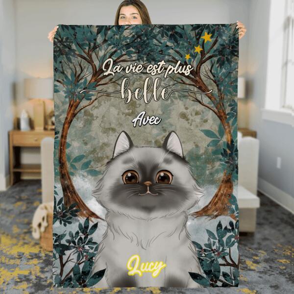 Couverture Polaire - La vie est plus belle avec les chats - Chats et Noms personnalisables - Jusqu'à 3 chats