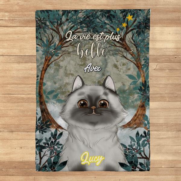Couverture Polaire - La vie est plus belle avec les chats - Chats et Noms personnalisables - Jusqu'à 3 chats