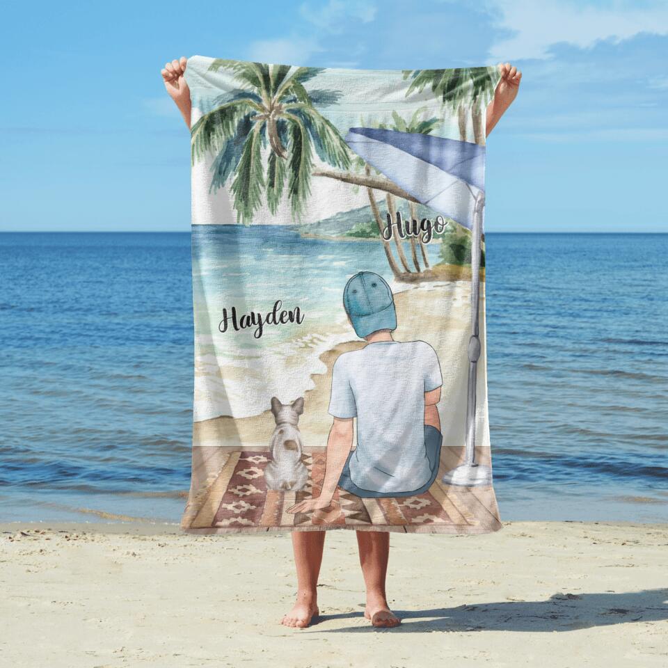 Serviette de plage Personnalisable - Meilleurs Amis (Version Homme )- Jusqu'à 2 Animaux Personnalisables