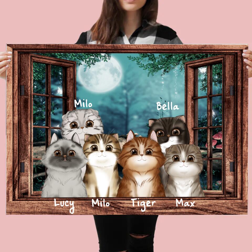 Chats sur la fenêtre - Toile - Arrière-plan, noms et chats personnalisables de 1 jusqu'à 6 chats