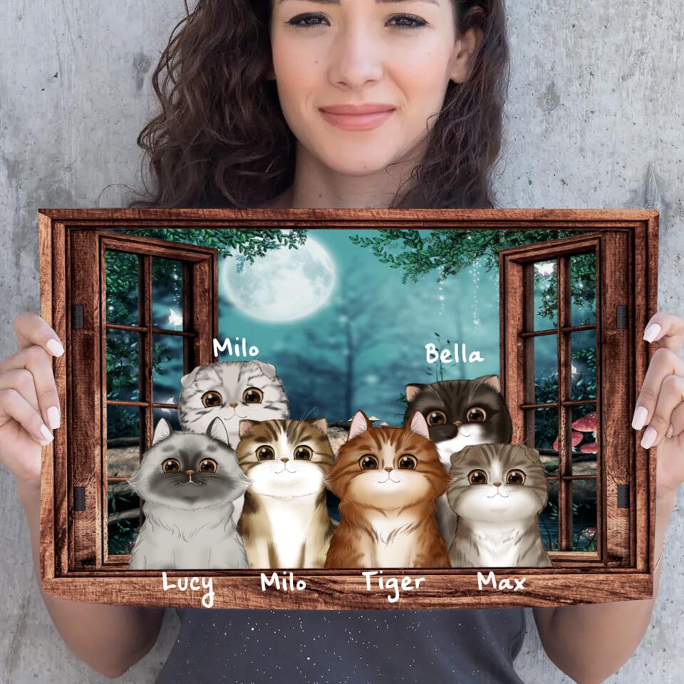 Chats sur la fenêtre - Toile - Arrière-plan, noms et chats personnalisables de 1 jusqu'à 6 chats