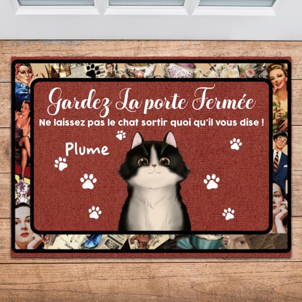 Paillasson "Gardez la porte fermée" - Noms et chats personnalisables jusqu'à 5 chats