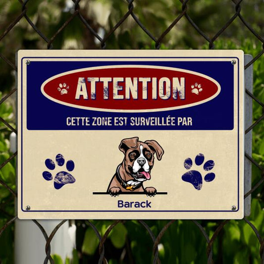 Attention Zone Surveillée - Plaque de Porte - Jusqu'à 4 animaux - Races, Noms, Chats et Chiens personnalisables