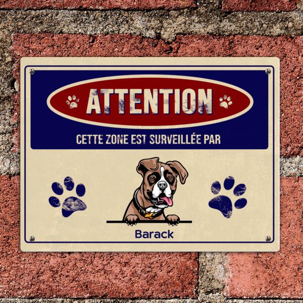 Attention Zone Surveillée - Plaque de Porte - Jusqu'à 4 animaux - Races, Noms, Chats et Chiens personnalisables