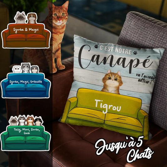 Va t'asseoir ailleurs ! - Coussin carré - Chat, noms et couleurs personnalisables, jusqu'à 5 chats