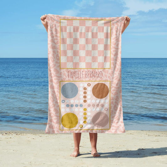 Serviette de plage Personnalisable - Avec jeux d'Échecs et Parshisi.. - Nom Personnalisable