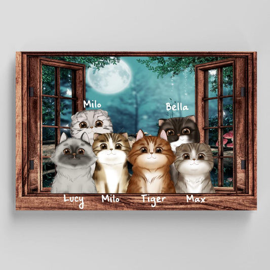 Chats sur la fenêtre - Toile - Arrière-plan, noms et chats personnalisables de 1 jusqu'à 6 chats